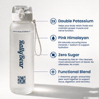 Rally Bear water bottle with zero sugar electrolyte benefits including double potassium, Pink Himalayan salt, and functional blend - all