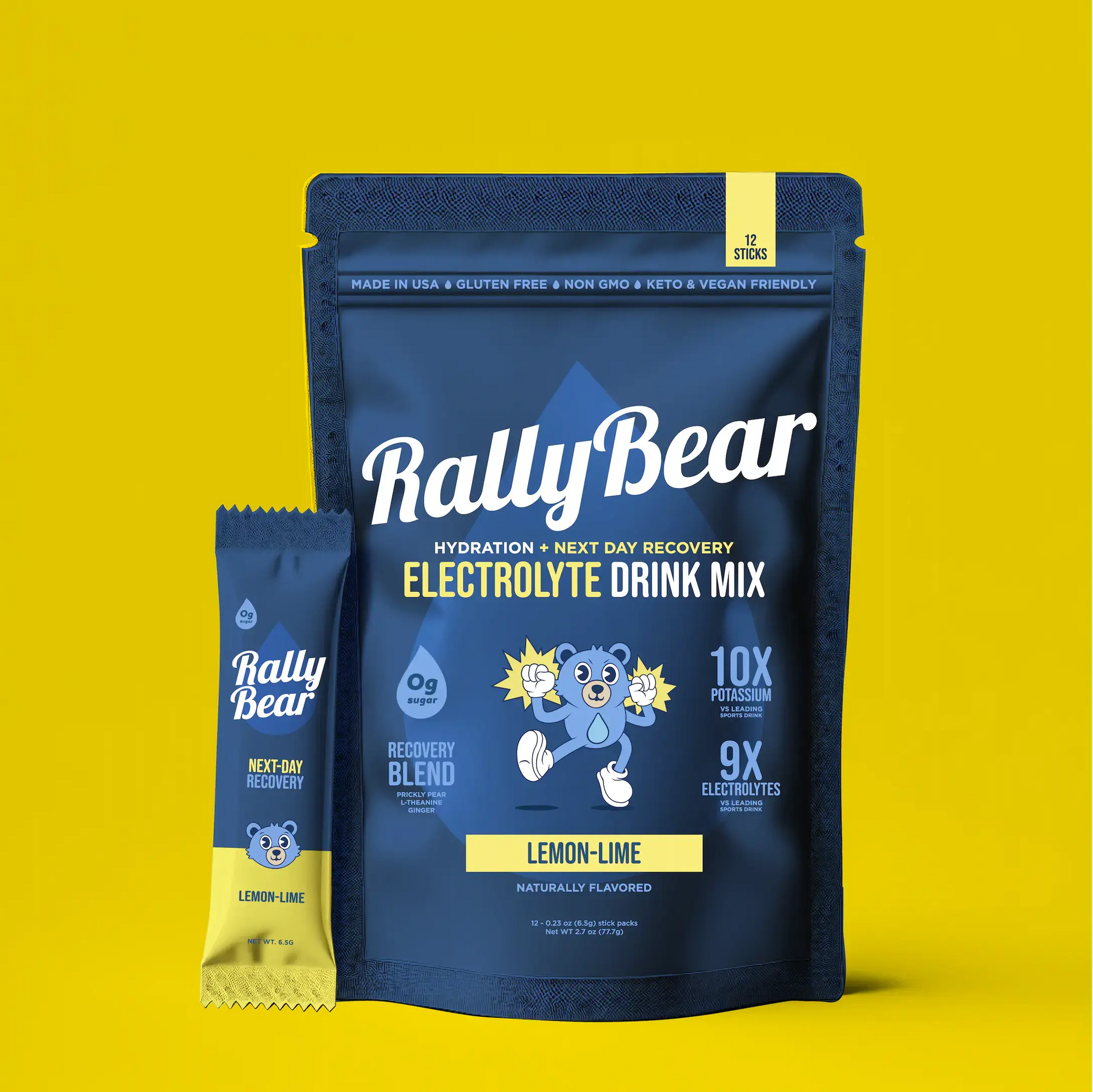 Rally Bear Lemon Lime electrolyte powder drink mix – hydration and recovery 12-stick pouch with single serving stick pack