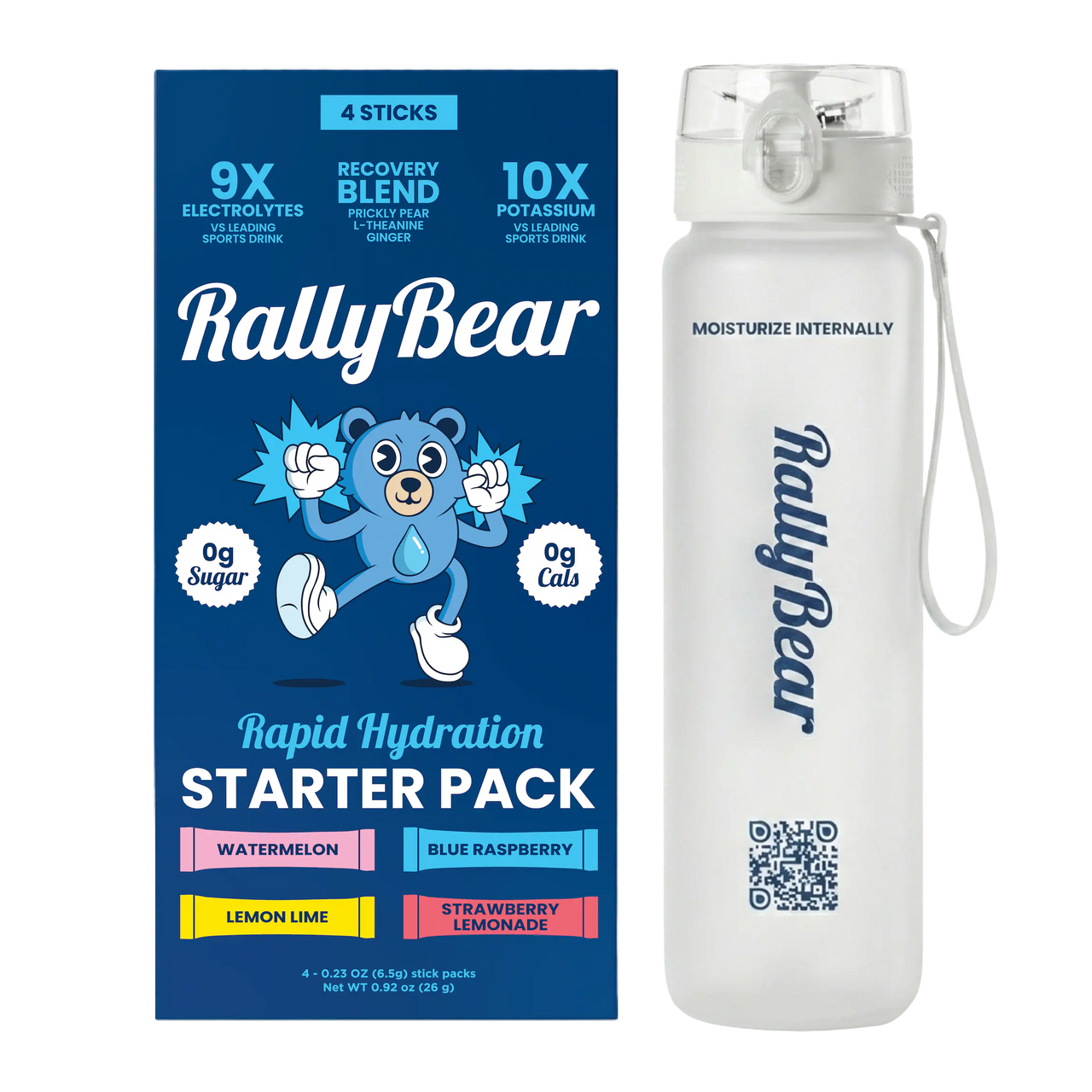 RallyBear start pack with reusable active hydration water bottle for fitness and outdoor activities.