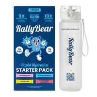 RallyBear start pack with reusable active hydration water bottle for fitness and outdoor activities.