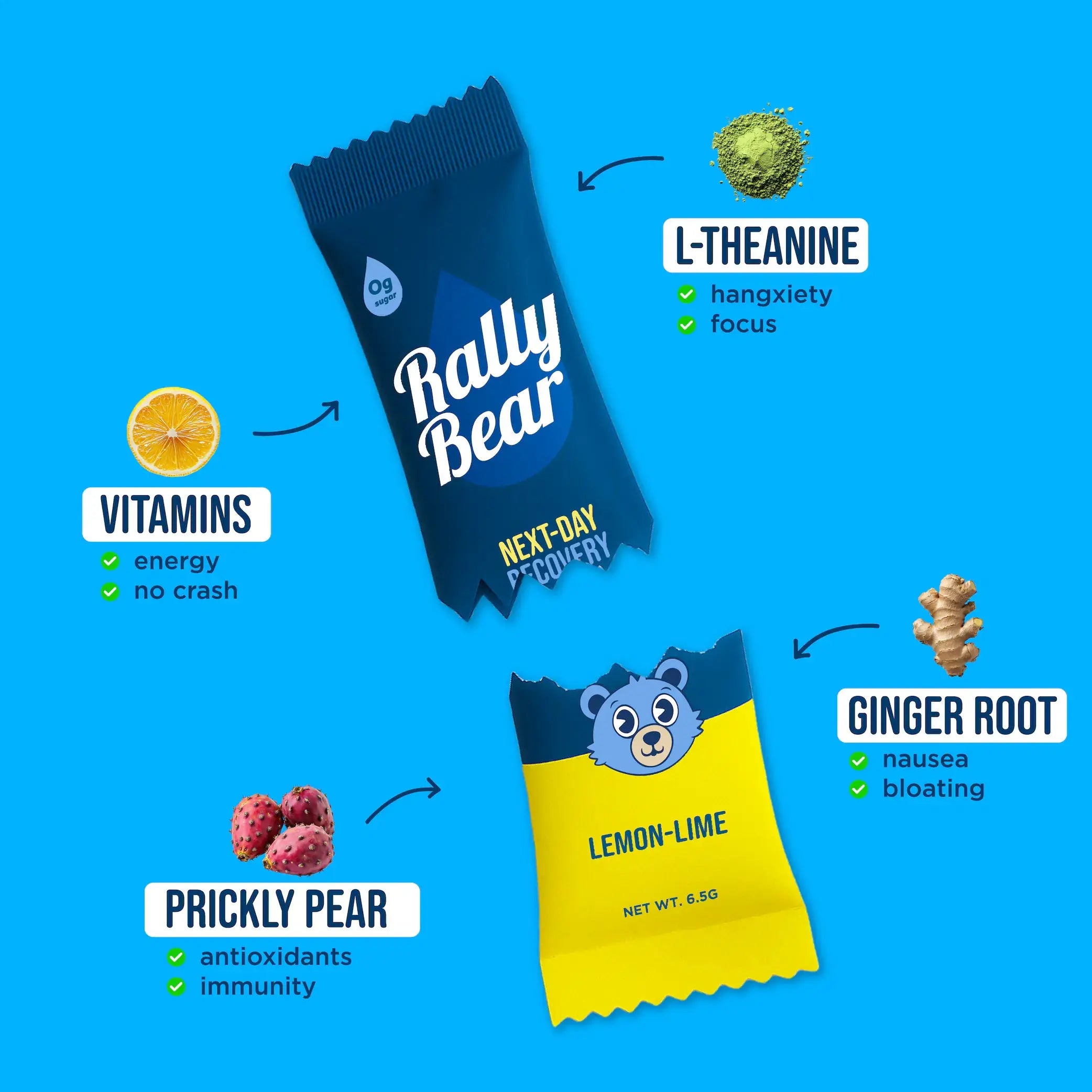 Rally Bear electrolyte stick pack with lemon-lime flavor, featuring ingredients like L-Theanine, Prickly Pear, Ginger Root, and Vitamins for recovery, energy, and hydration