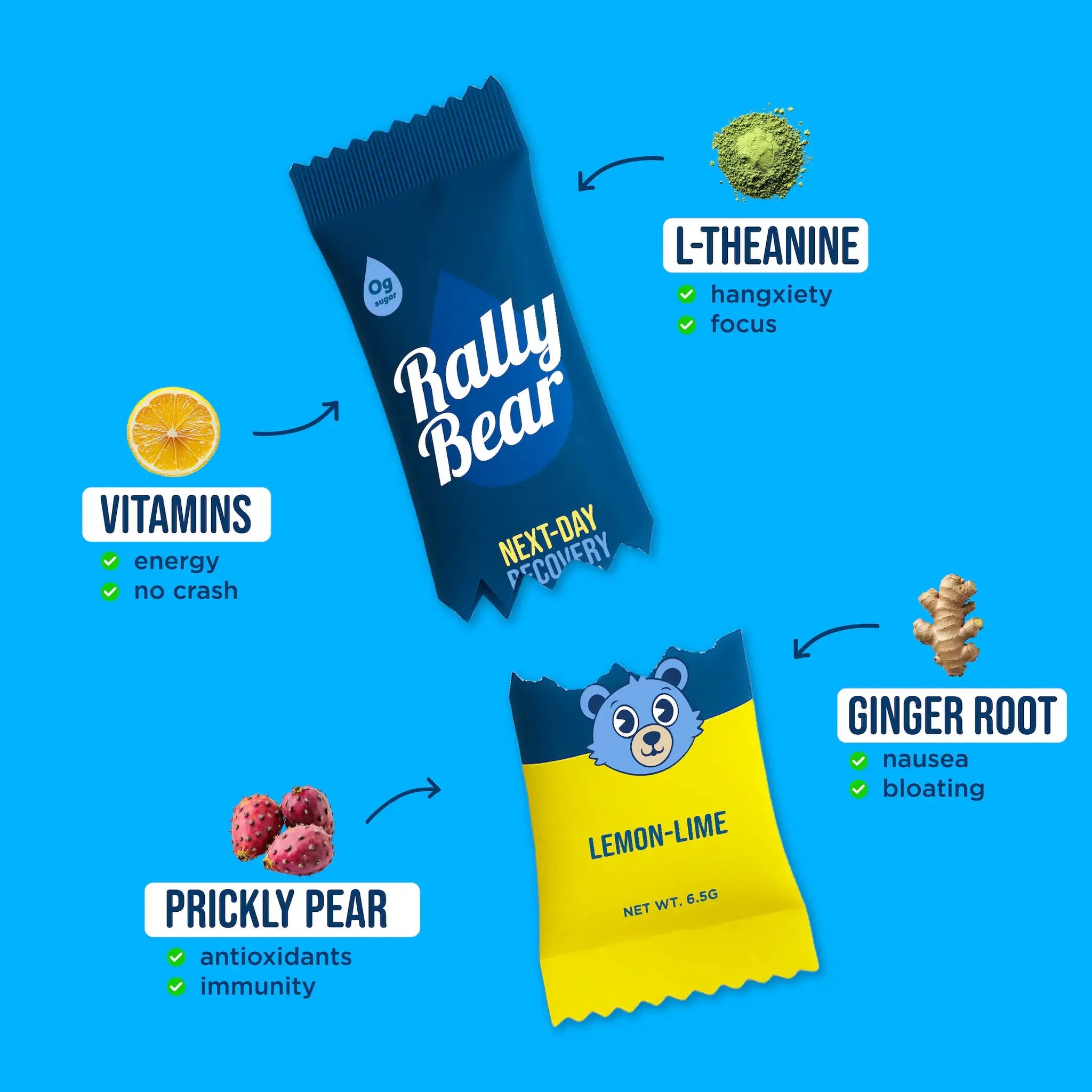 Rally Bear electrolyte stick pack with lemon-lime flavor, featuring ingredients like L-Theanine, Prickly Pear, Ginger Root, and Vitamins for recovery, energy, and hydration