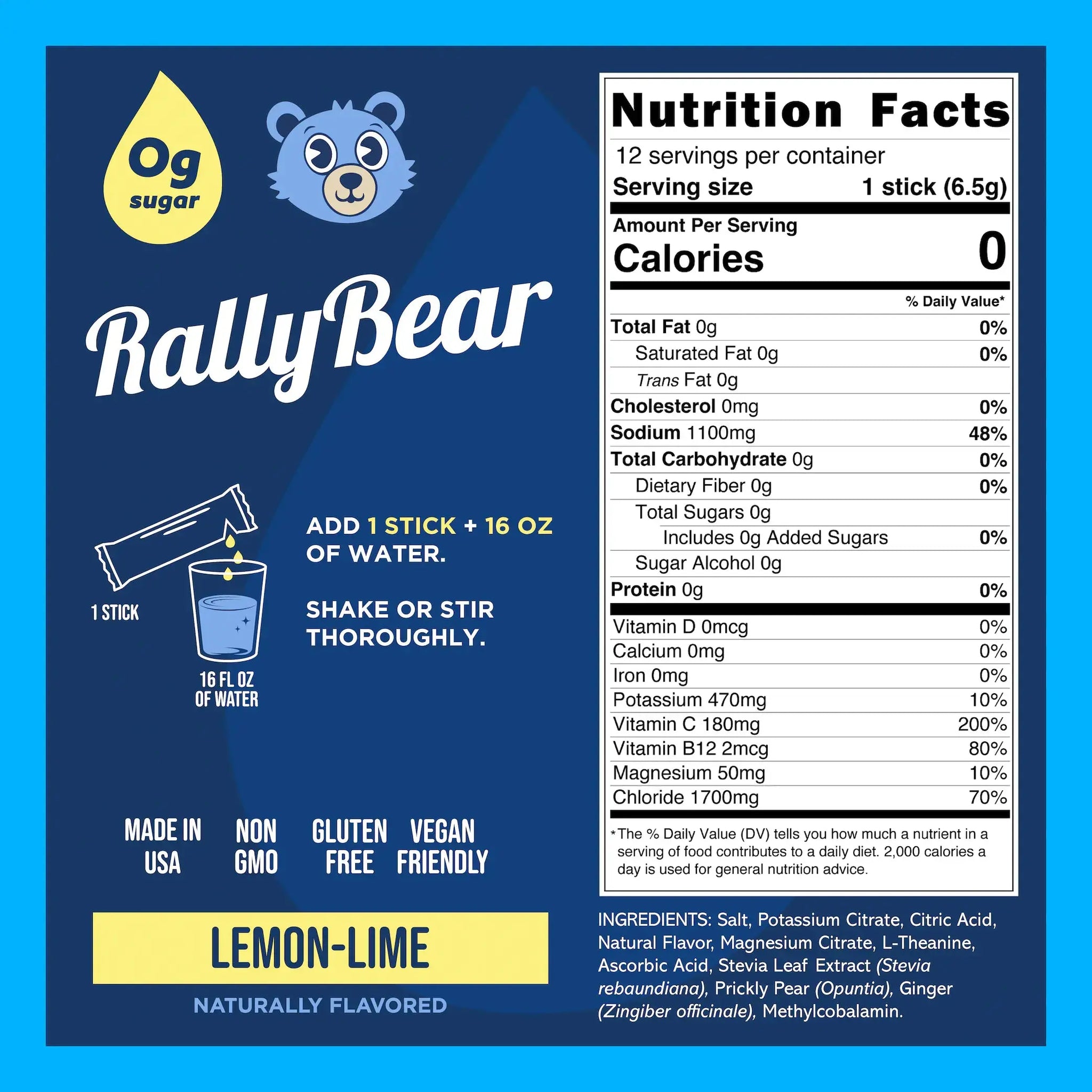 Rally Bear electrolyte drink mix nutrition label, ingredients, and usage instructions for lemon-lime flavor — 0 sugar, 1100mg sodium, 470mg potassium, vegan, non-GMO, gluten-free