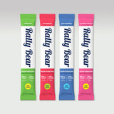 Rally Bear electrolyte sticks in lemon lime, watermelon, blue raspberry, and strawberry lemonade.