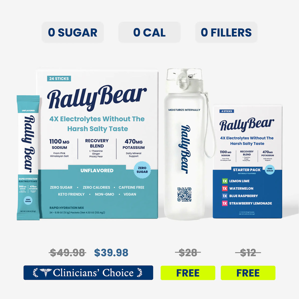 Rally Bear electrolyte supplement bundle on a white background with promotional text. The bundle includes a large unflavored box with 24 sticks, a white bottle, and a 4 flavor starter pack box for $39.98 - unflavor