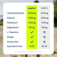 Try Before You Buy starter pack comparison chart of RallyBear and Liquid IV electrolytes - all